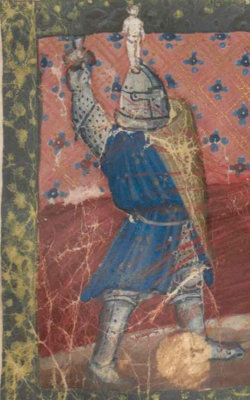 Jason throws a hand grenade(?) at King Aietes fire-breathing bulls. Roman de Troie, Bologna ca. 1340-1360, ÖNB Han. Cod. 2571 fol. 12v