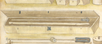 Putzstock (oben) für eine Kanone aus Ludwig von Eyb zum Hartenstein: Kriegsbuch. Um 1500. UBE H62/MS.B26, Fol. 273v